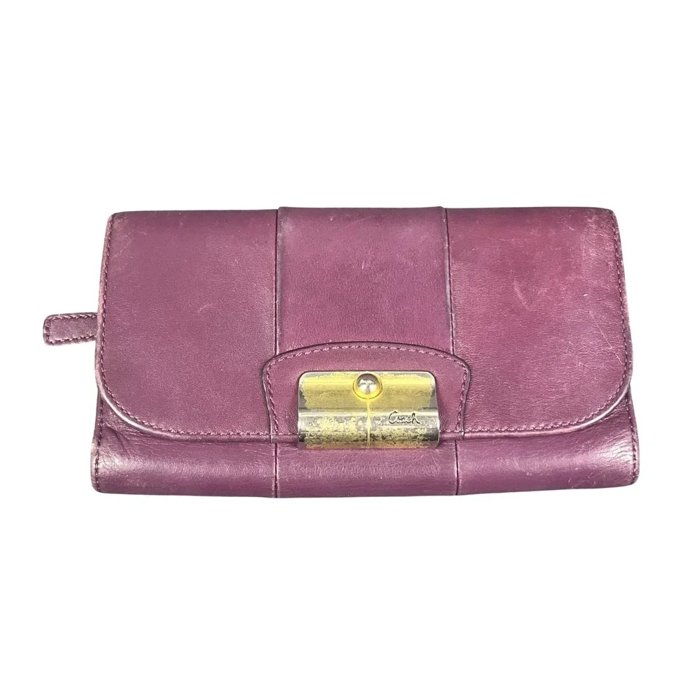 Coach Purple Leather Trifold Wallet Gold Push Lock Flap Long Organizer Wallet